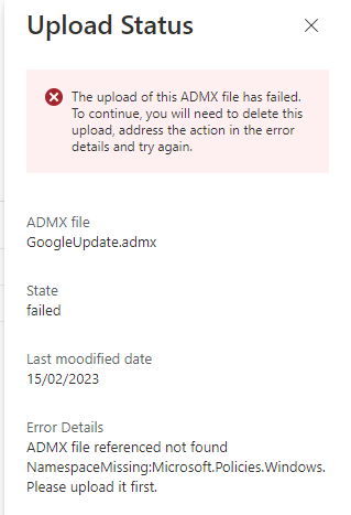Import administrative templates in Intune. - error upload