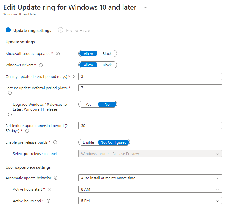 Best practice settings for Update rings for Windows 10 and later